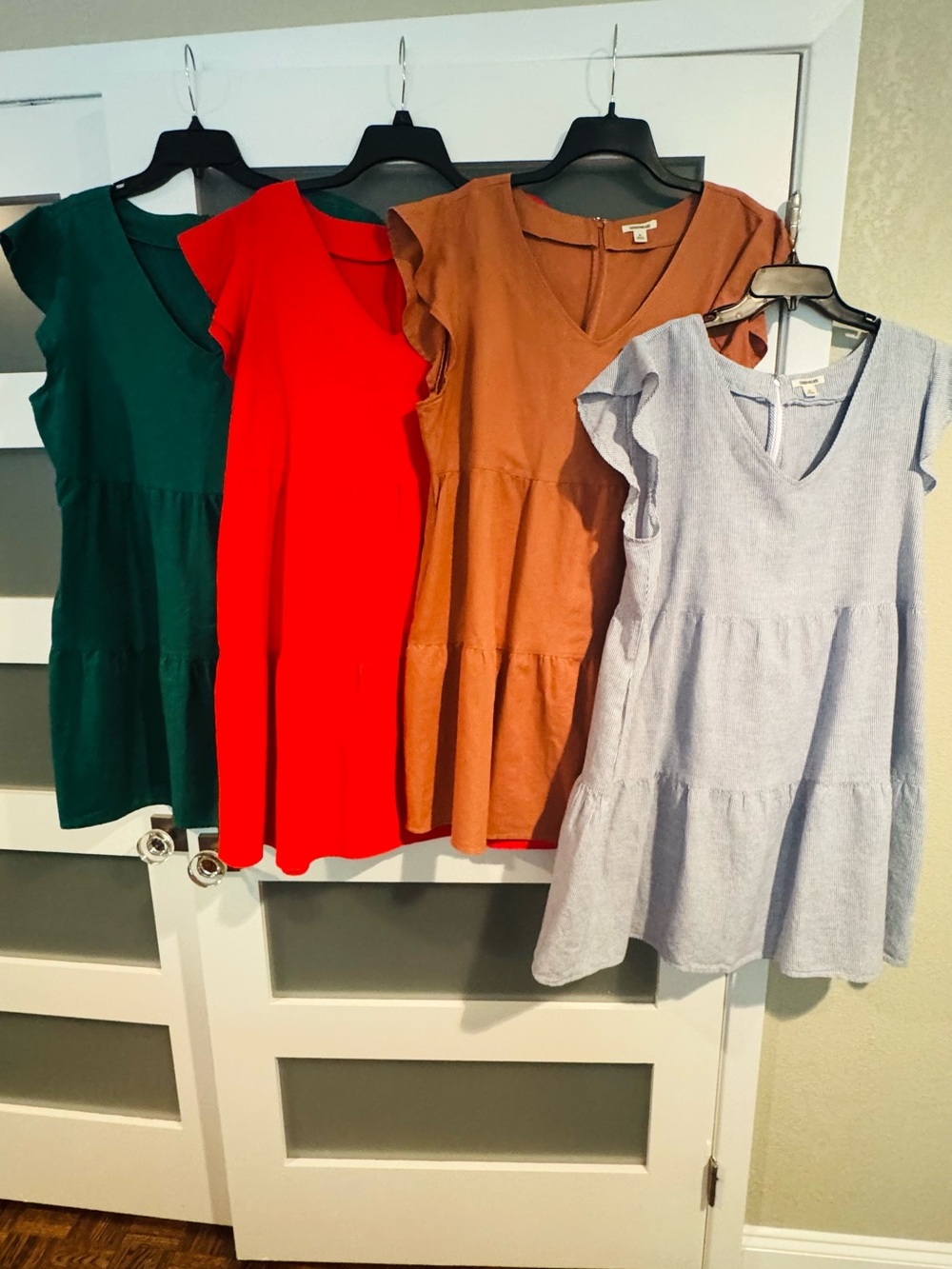 Women’s Tiered V-Neck Dresses- Green, Red, Brown, Light Blue/Searsucker